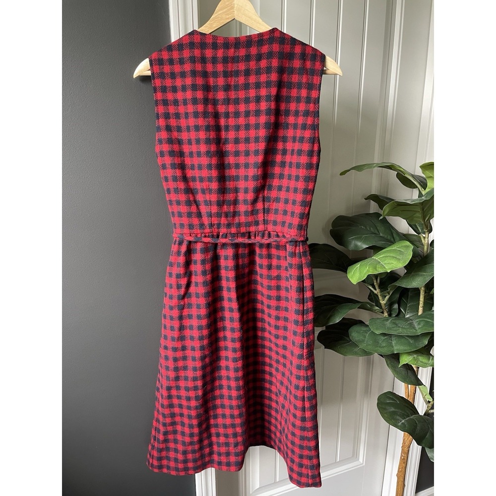 Vtg Lanz Originals Plaid Flannel Dress Sleeveless Red Navy Belt Pockets Sz Small - Picture 5 of 5